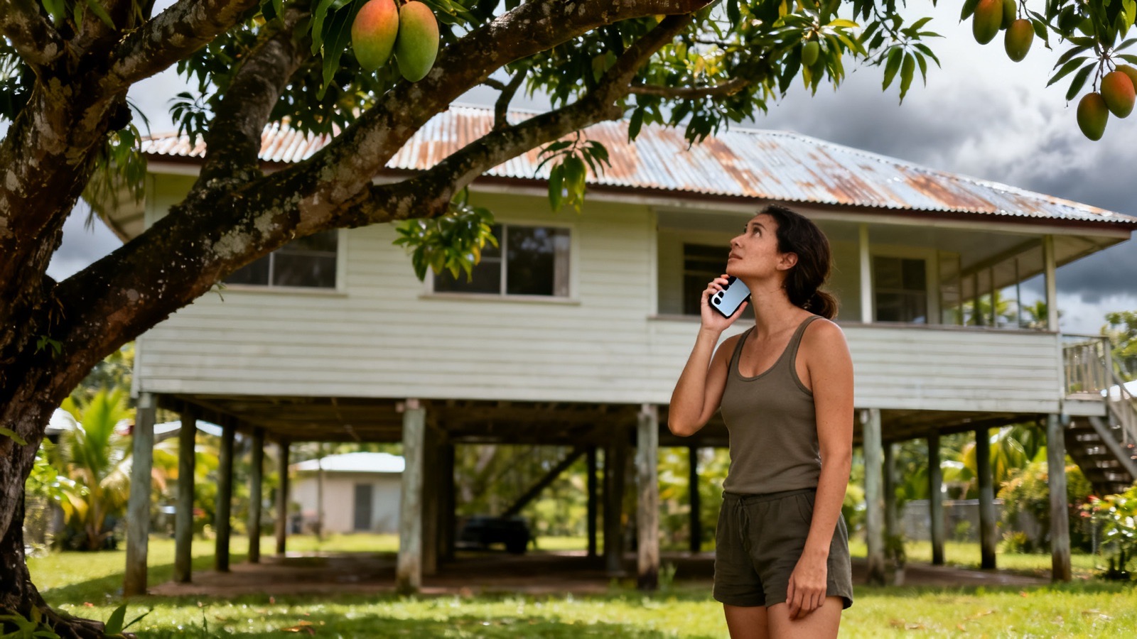 A woman on the phone in the yard of a highset Queenslander, looking up into a mango tree