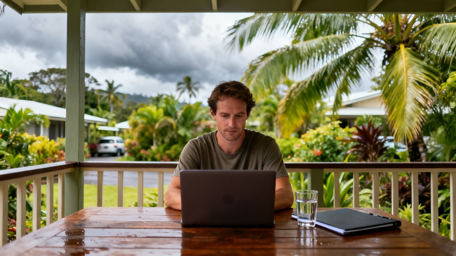 A man working on a laptop at a table on a verandah, palms and a tropical garden behind him